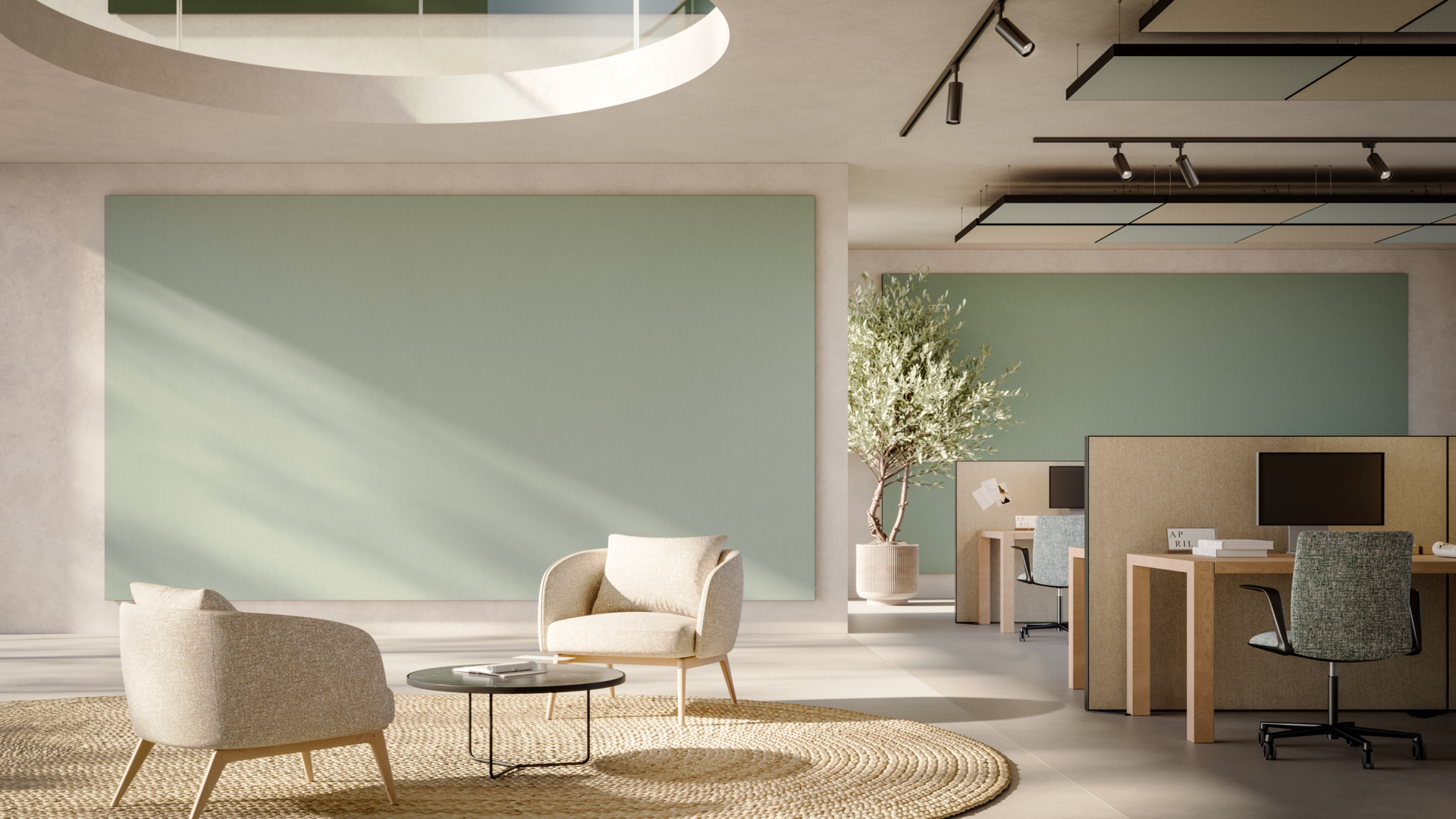 Open Plan Office with Rockfon Canva Floor screen, Rockfon Canva Island, Rockfon Canva Wall Panel