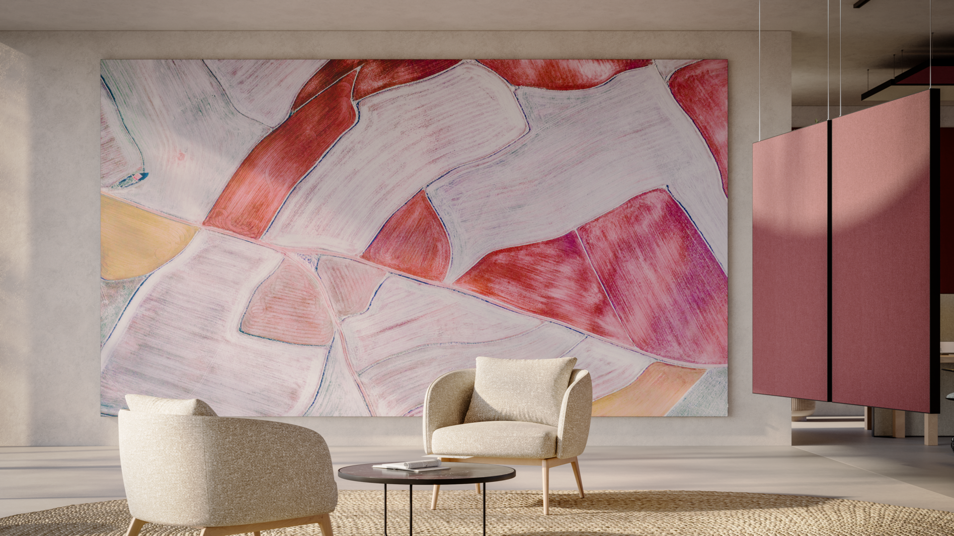 Open Plan Office with Rockfon Canva Hanging divider, Rockfon Canva Wall Panel